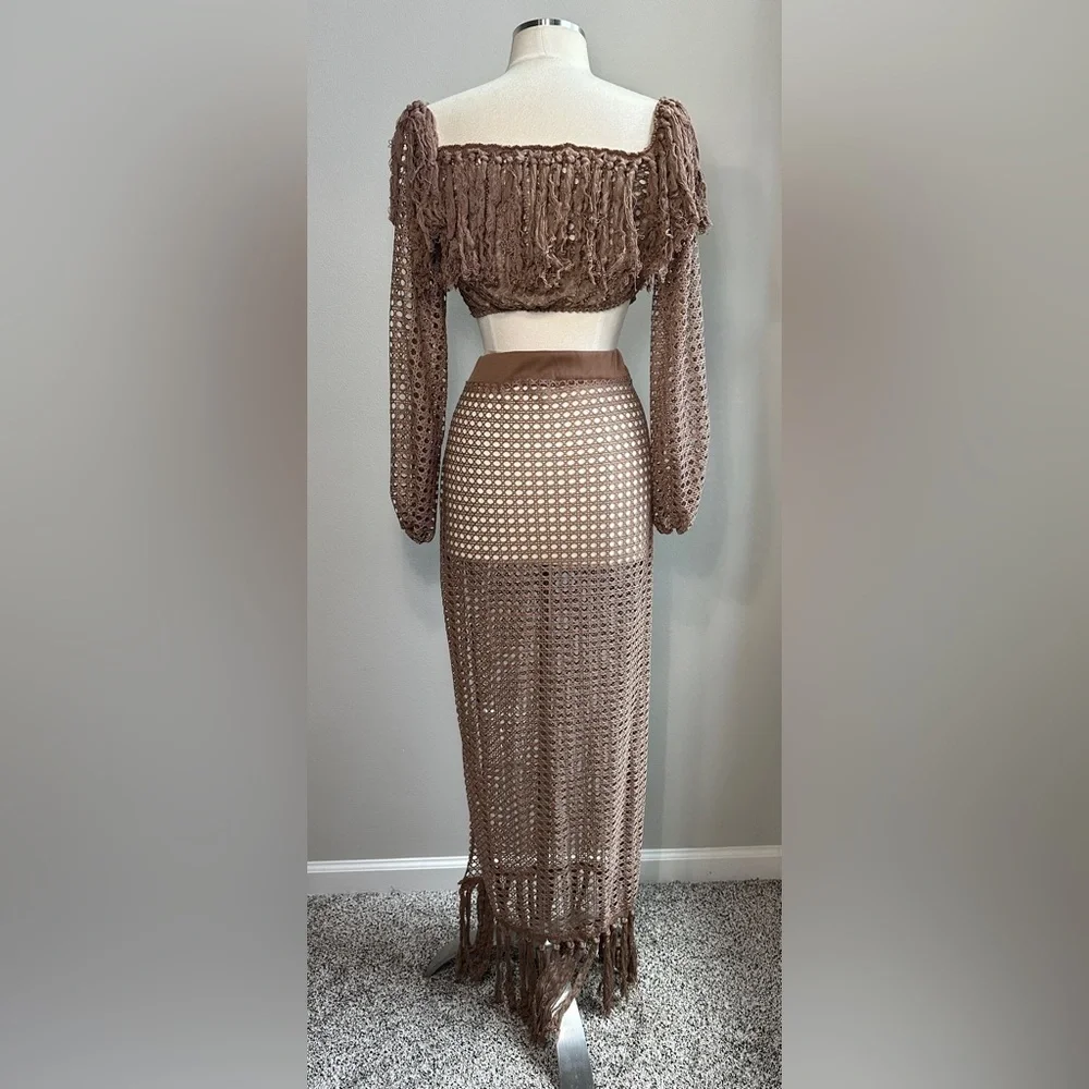 Brown Crochet 2-Piece Swimsuit Cover-Up Set – Size Large